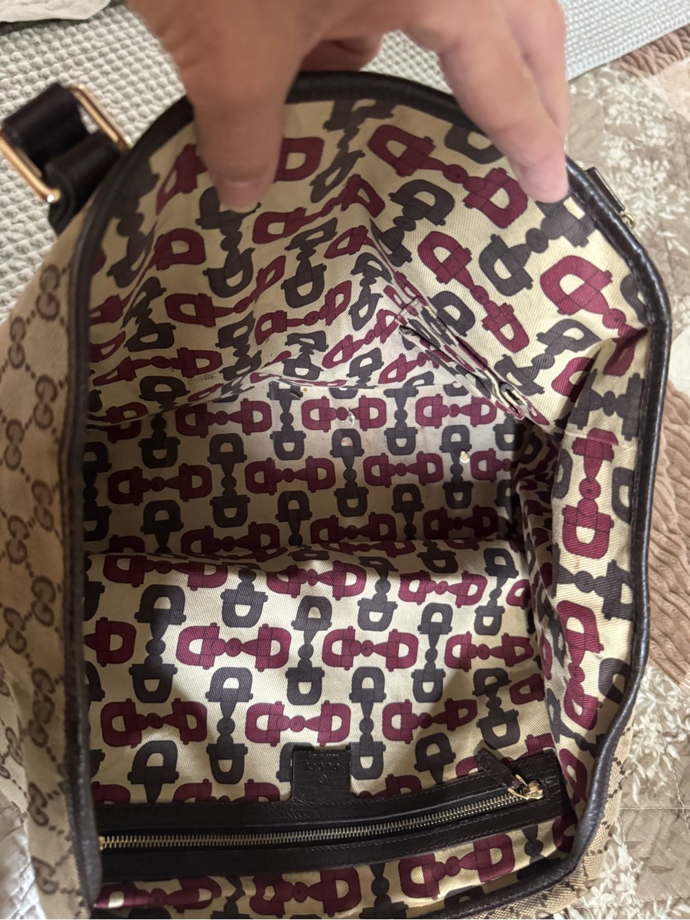 Gucci Beige GG Canvas Tote with Brown Leather Trim and Red-Green Web Stripe - Picture 3 of 12